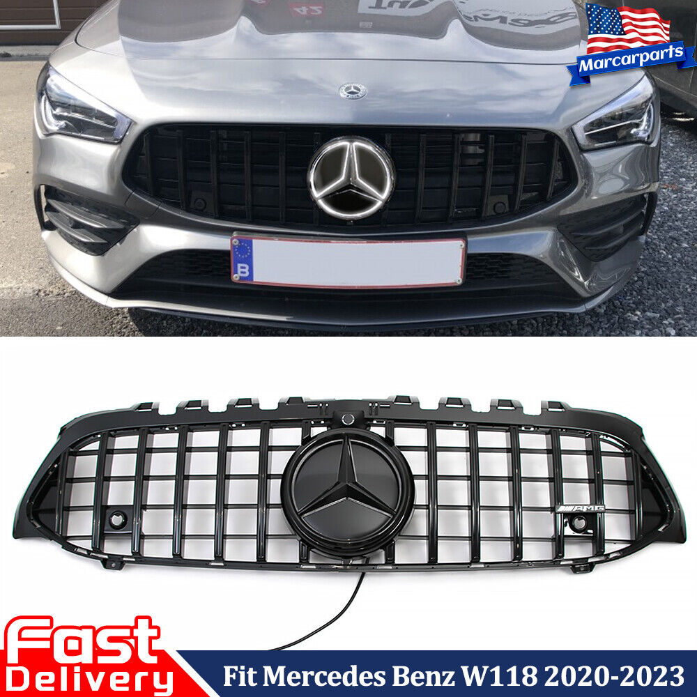 Black Front Grill For 2020-2023 Mercedes Benz W118 CLA250 CLA45 AMG W/LED Emblem