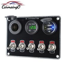 12V Rocker Ignition Switch Panel 5 Gang Voltmeter Dual USB Racing Car Truck Boat picture