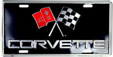 CORVETTE WITH RACING FLAGS EMBOSSED METAL NOVELTY LICENSE PLATE TAG picture