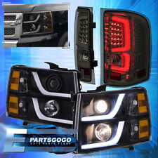 For 07-13 Chevy Silverado LED DRL Black Headlights + Smoked Tinted Tail Lights picture