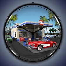 1959 Corvette & Gulf Gas Station LED Lighted Clock picture