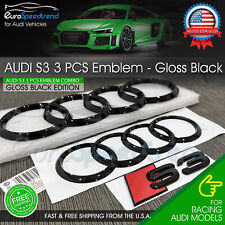 2022 Audi S3 Front Rear Rings Emblem Gloss Black Trunk Logo Badge Combo Set 3PCS picture