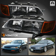 Fits 1994-1997 Honda Accord Black Headlights+Amber Corner Signal Lamp Pair 94-97 picture
