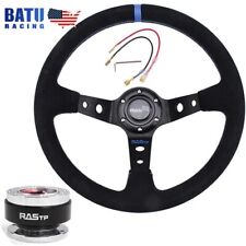 Blue Suede Leather Deep Dish Drifting Racing Steering Wheel+Quick Release Kit picture