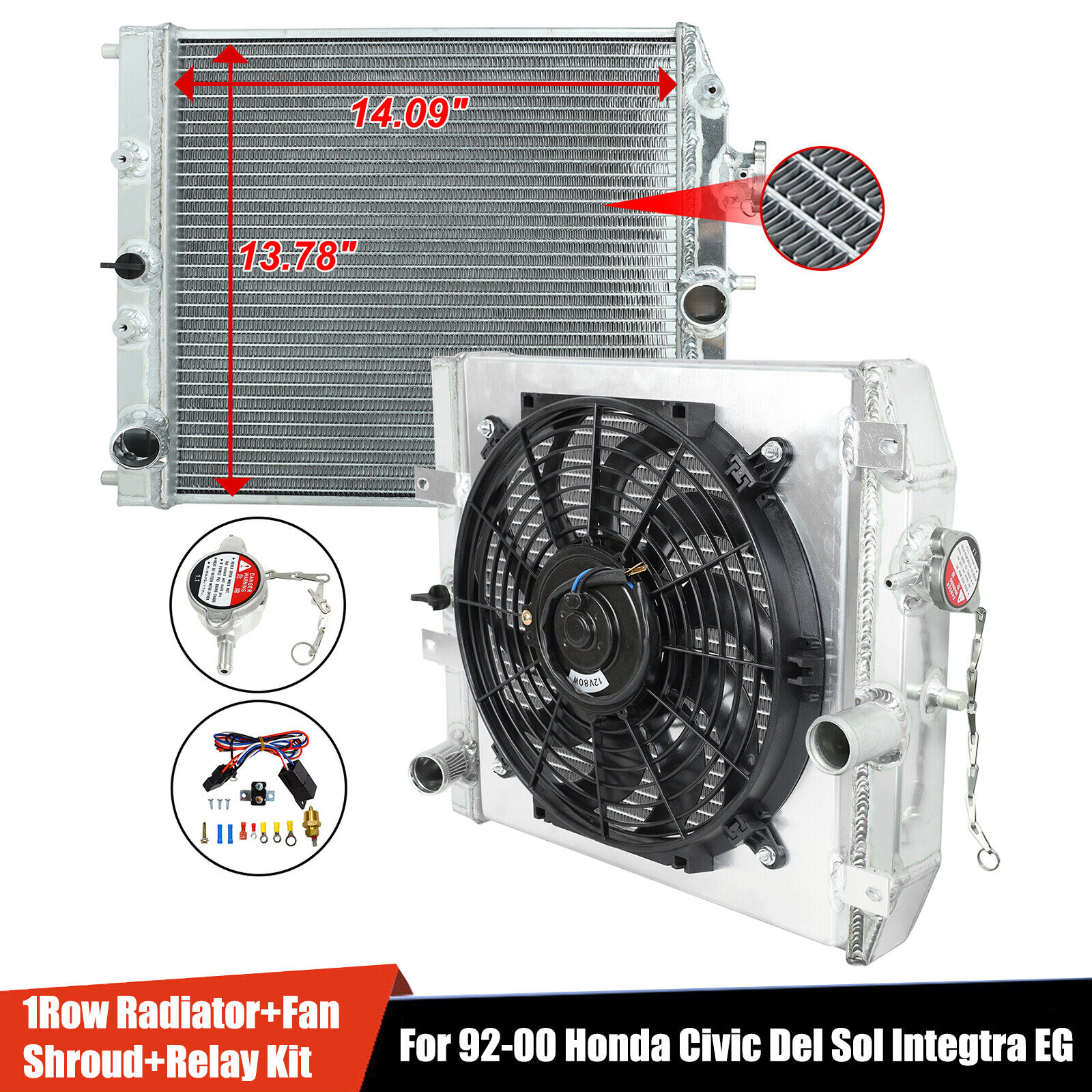 Aluminum Radiator+Shroud+Fan Relay For 92-00 Honda Civic Del Sol Integtra EG MT