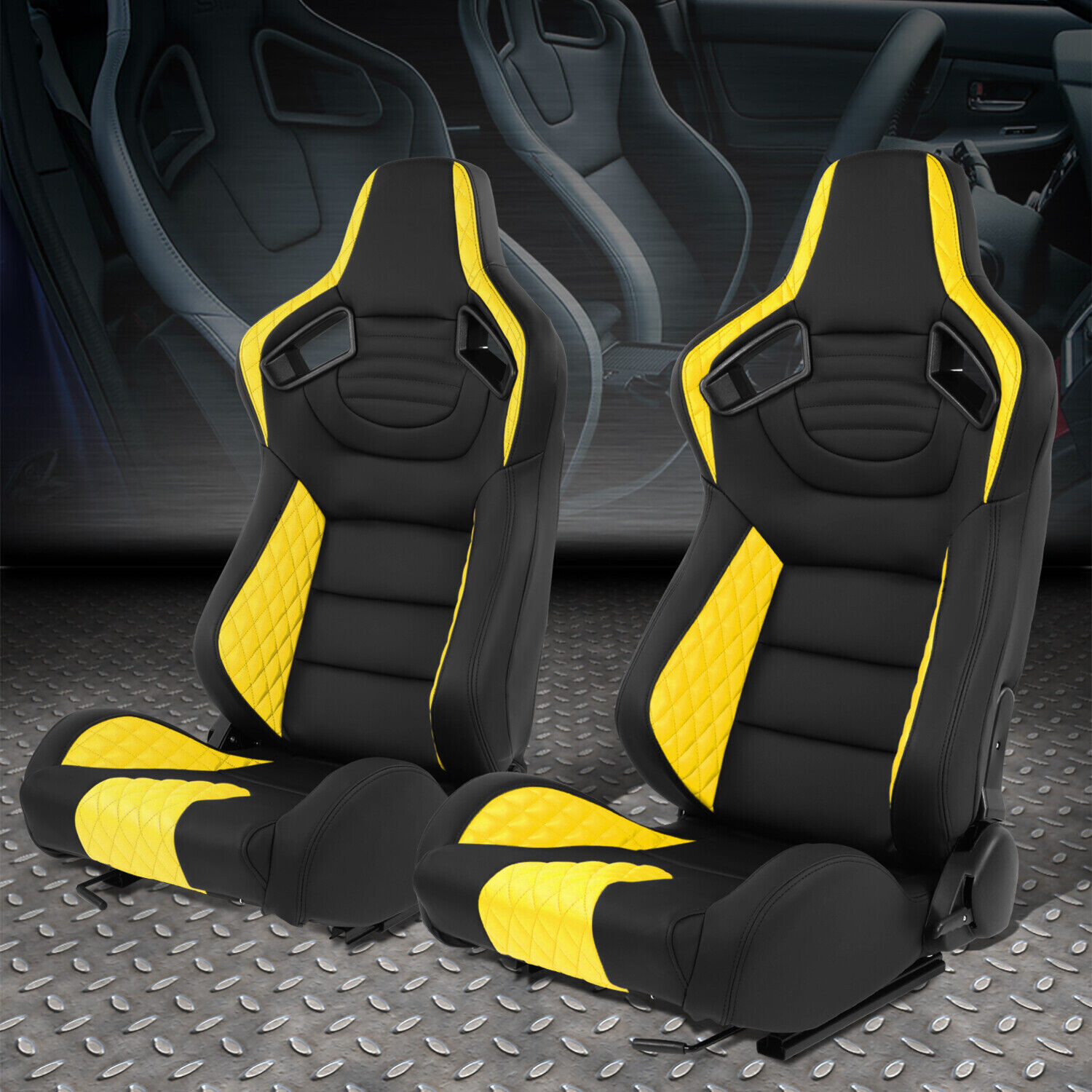 Pair Universal Black&Yellow Vinyl Adjustable Reclinable Racing Seats w/ Sliders