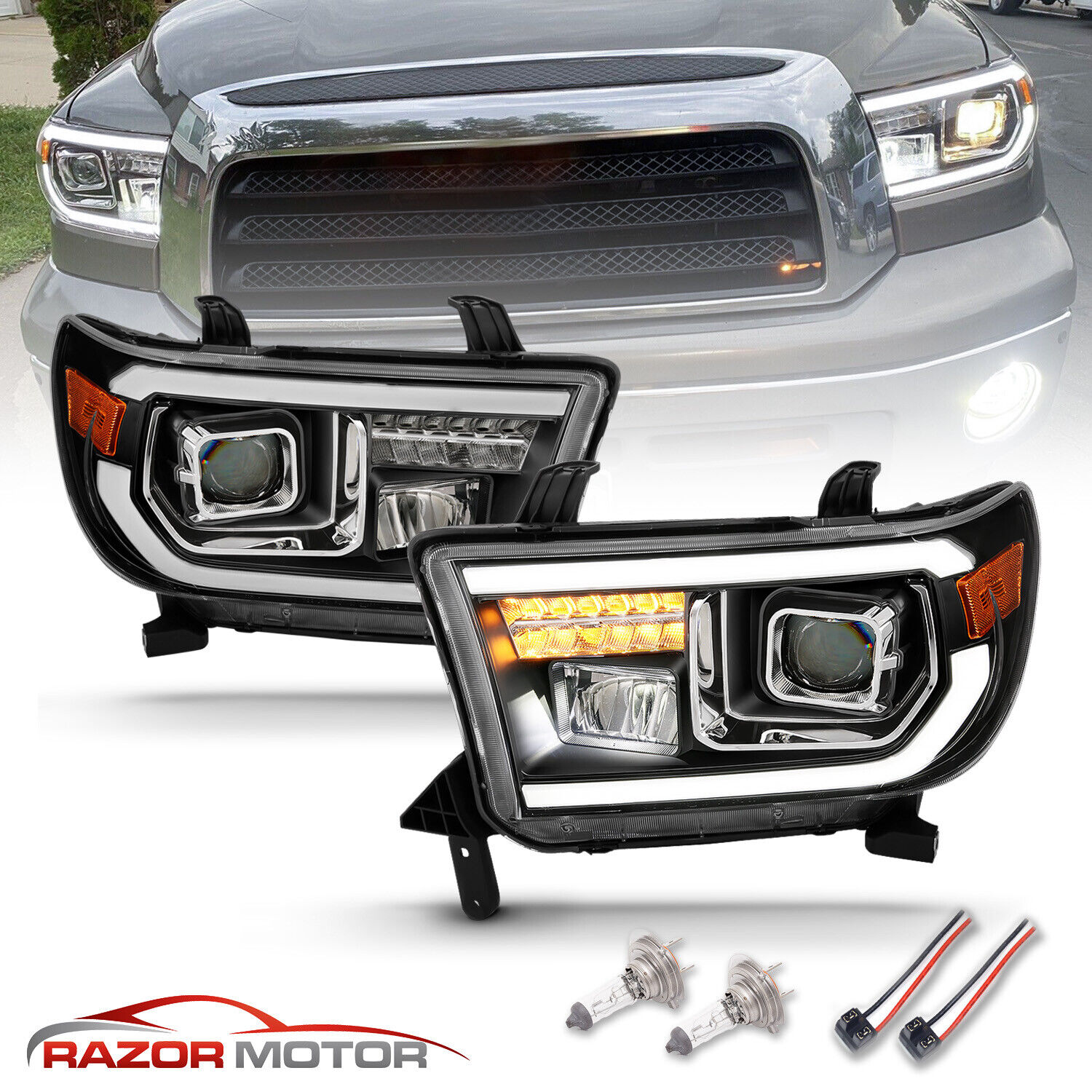 For 2007-2014 Toyota Tundra/Sequoia Square Projector Black Headlights