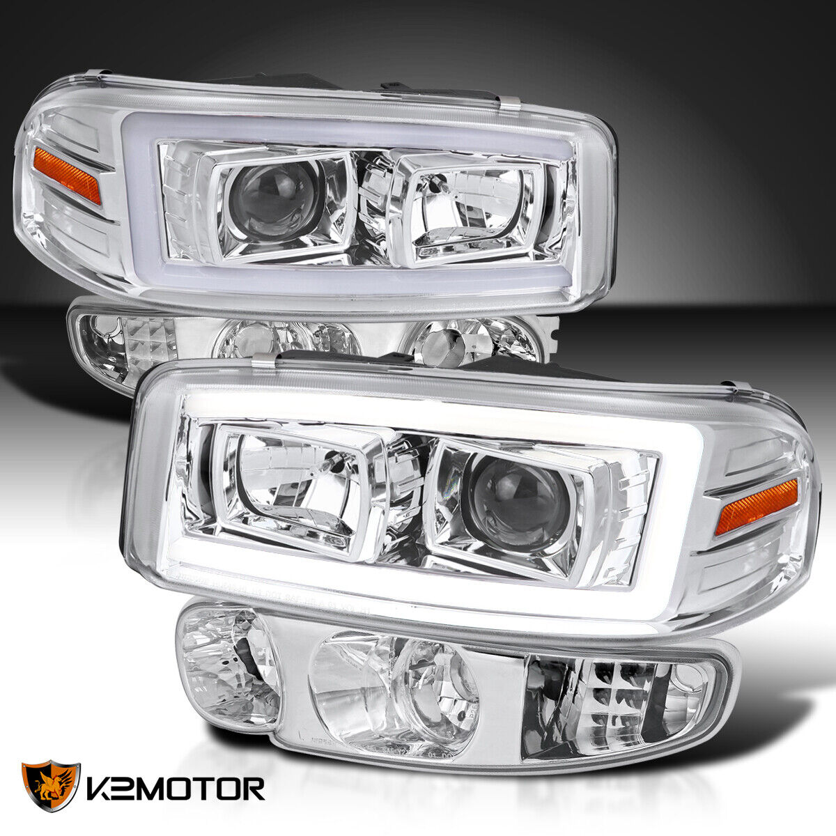 Fits 2000-2006 GMC Sierra Yukon Denali LED Tube Projector Headlights+Bumper Lamp