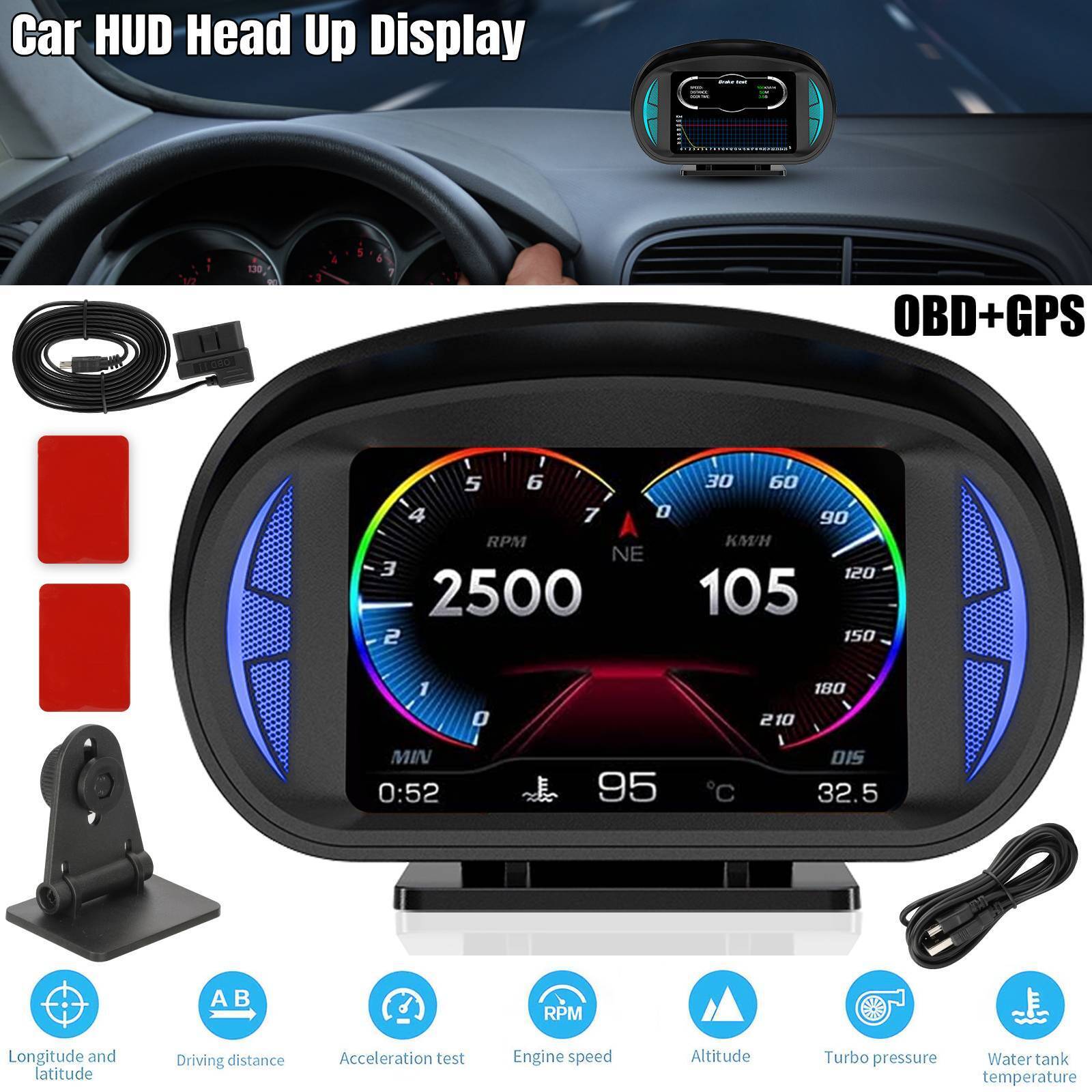 OBD2+GPS HUD Gauge Car Digital Head Up Display Speedometer Turbo RPM Alarm Temp