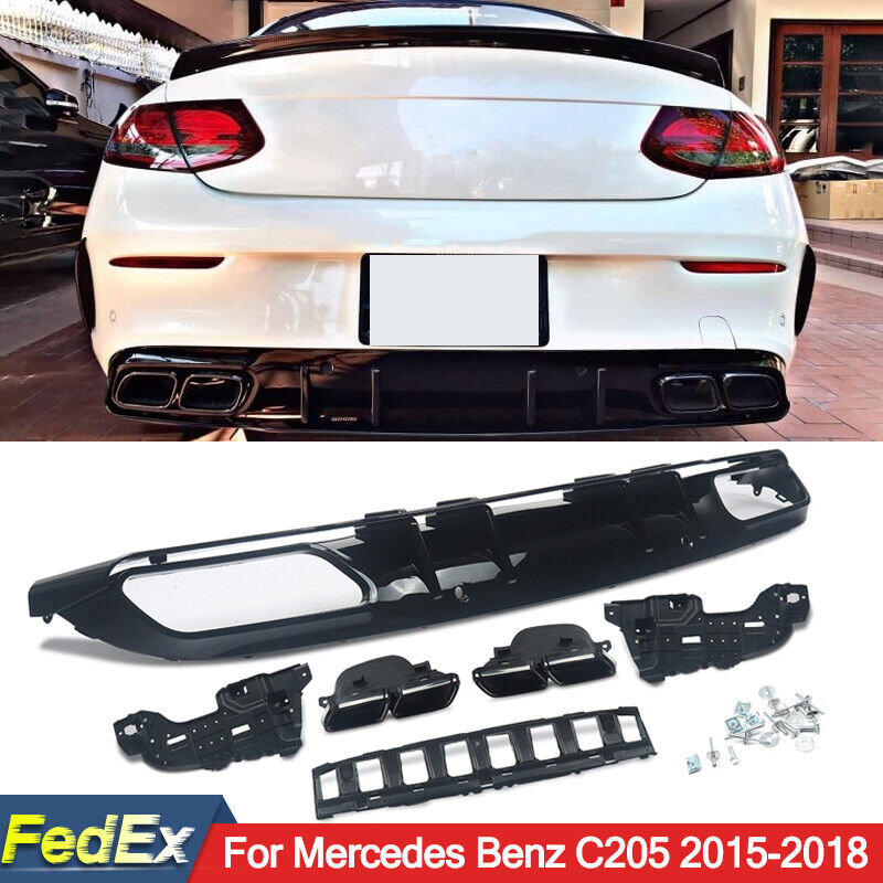 For Mercedes C205 Coupe 2015-2018 Rear Diffuser W/ Black Exhaust Tips C63 Style
