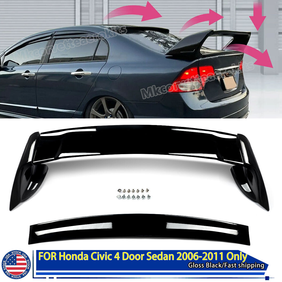 Fits 06-11 Honda Civic Sedan Mugen Style Rear Trunk Spoiler Wing Painted  4Pcs