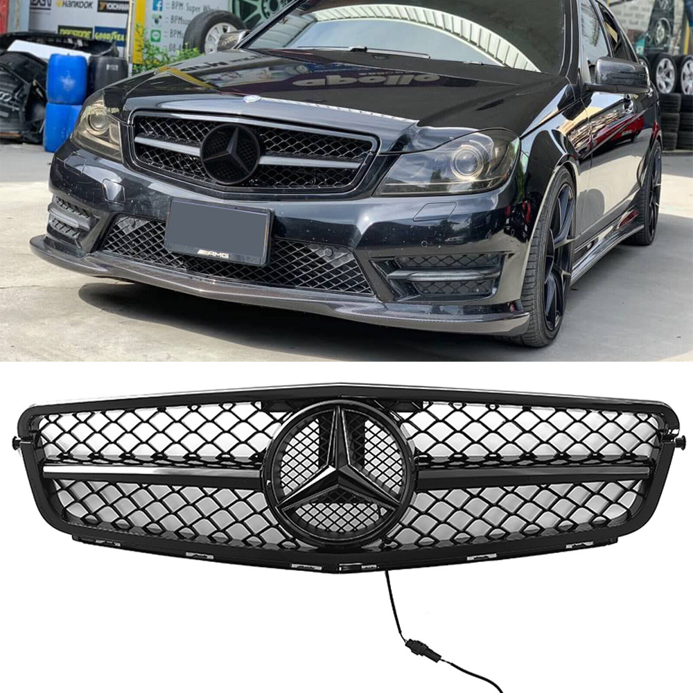Gloss Black AMG Grille W/LED Emblem For Mercedes-Benz W204 C250 C300 2008-2014