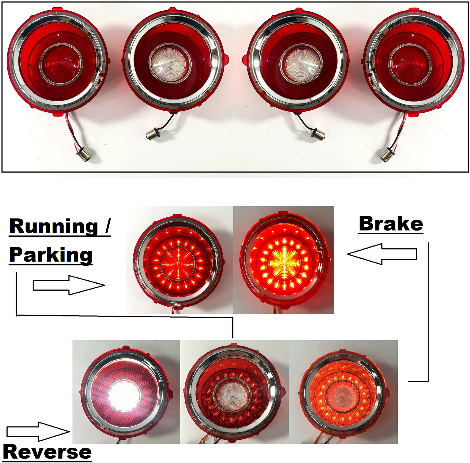 Set LED Brake Tail & Reverse Lights w/ Trim For 1970-1973 Chevy Camaro