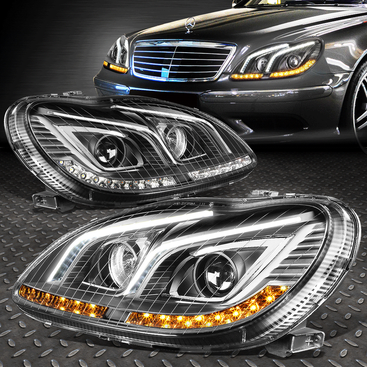 FOR 2000-2006 MERCEDES W220 S-CLASS/AMG BLACK PROJECTOR HEADLIGHT LED DRL+SIGNAL