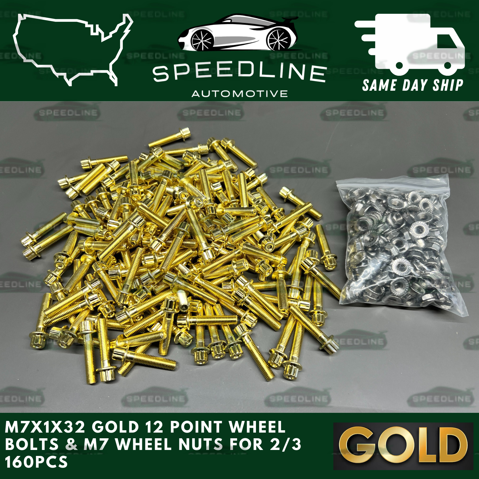 160PC M7x1.0x32 GOLD 12 Point Wheel Bolts & M7 Nuts For 2/3 Piece Wheels 160