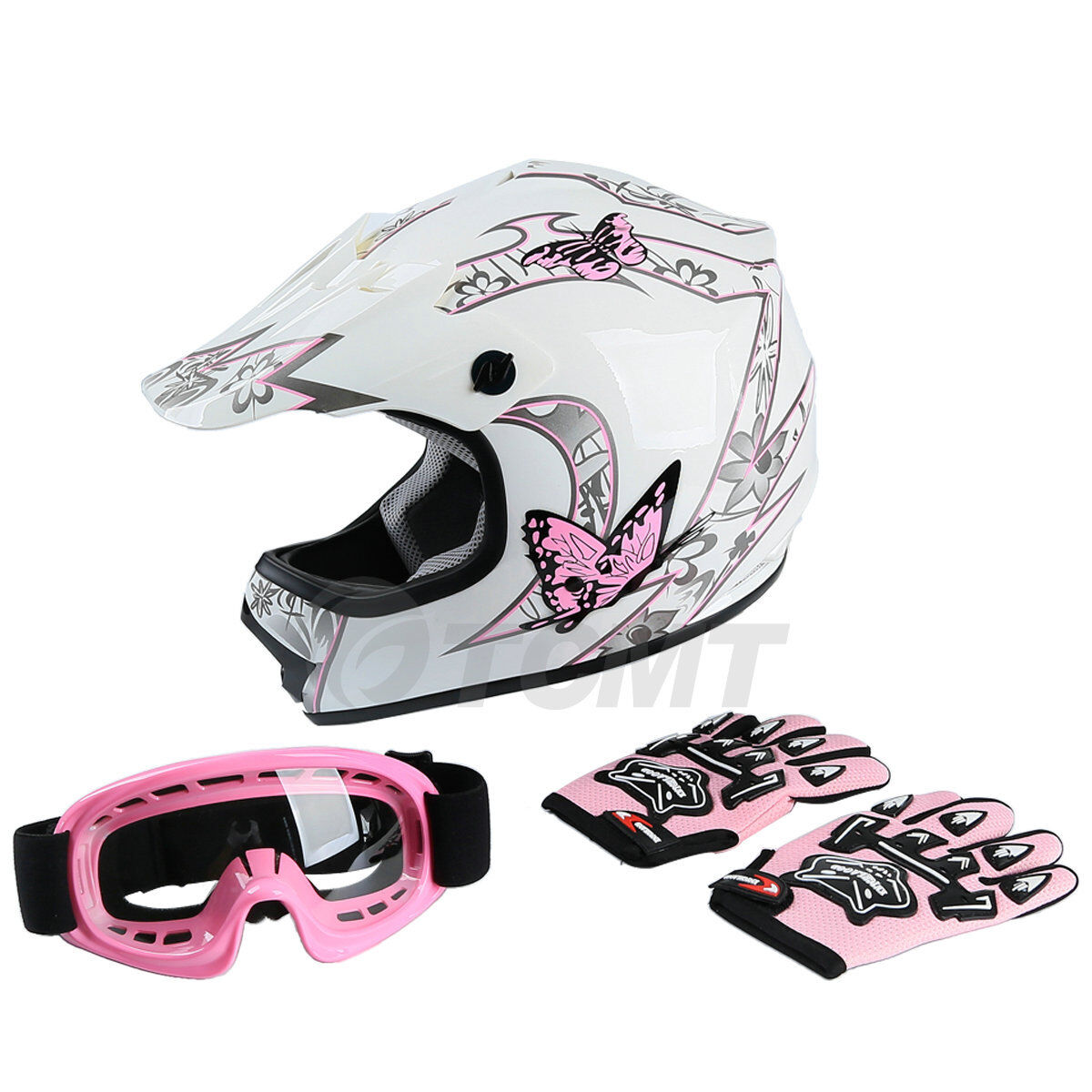TCMT DOT Youth Kid Pink Butterfly Dirt Bike ATV Motocross Helmet Goggles Gloves 