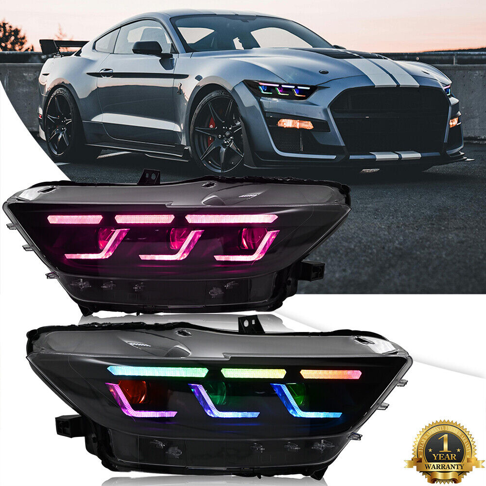 Pair RGB LED Headlights For Ford Mustang 2015 2016 2017 Head Front Lamp Assembly