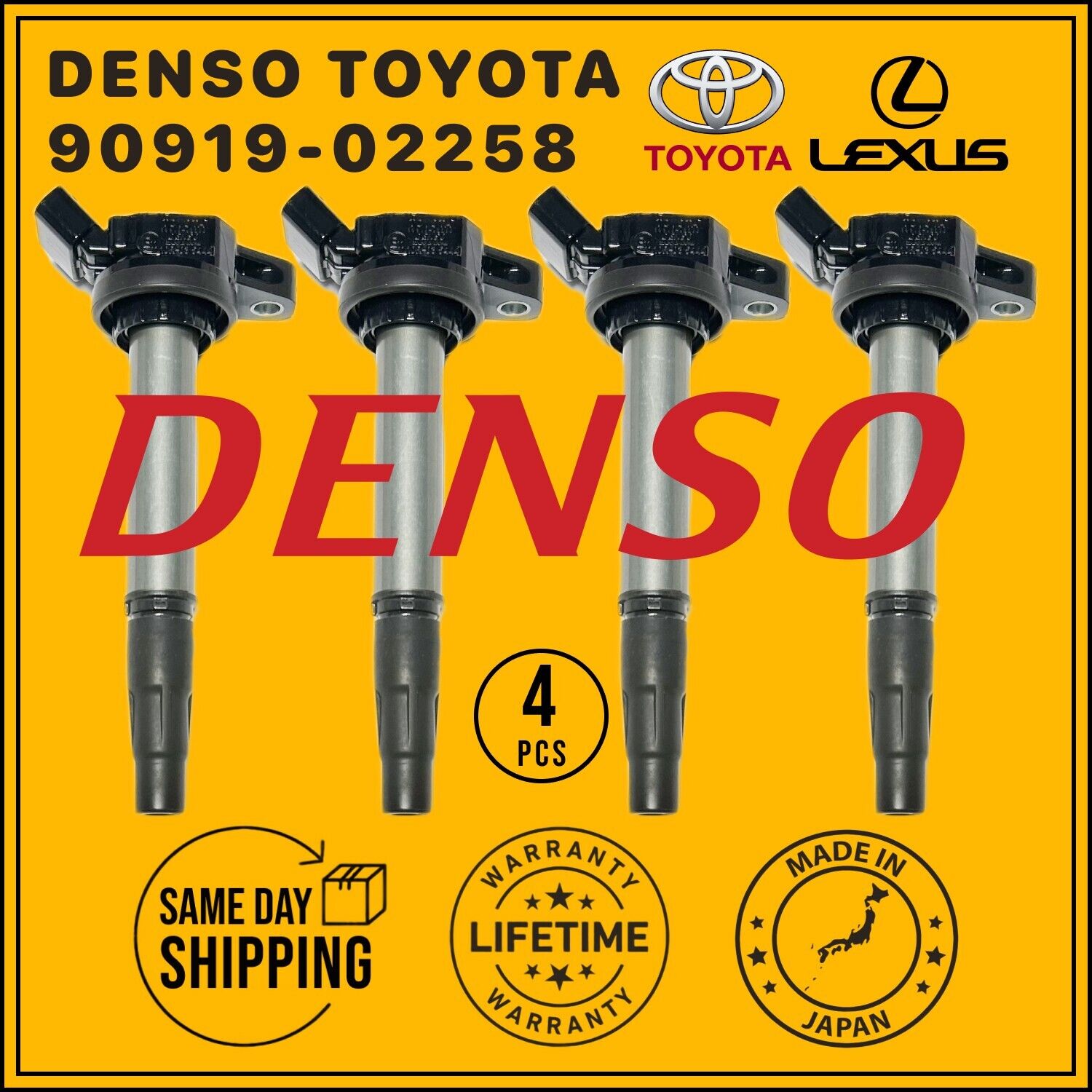 90919-02258 OEM DENSO x4 Ignition Coils For 08-15 Toyota Corolla 1.8L 2.4 Matrix