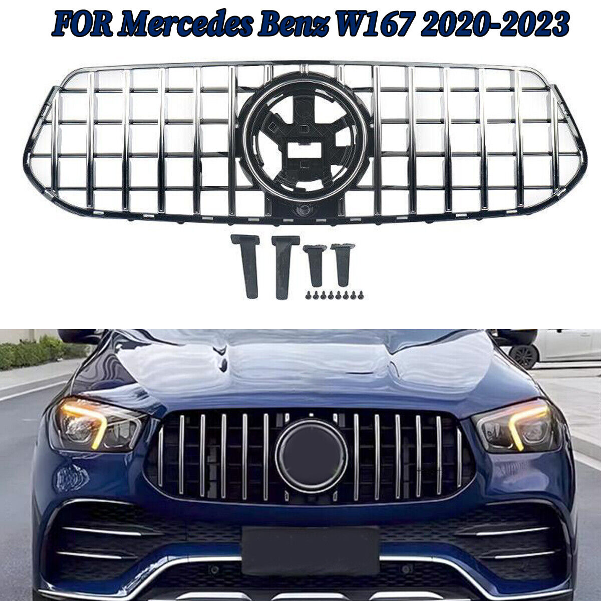 GT Style Front Grille Grill For Mercedes Benz W167 GLE350 Chrome+Black 2020-2023