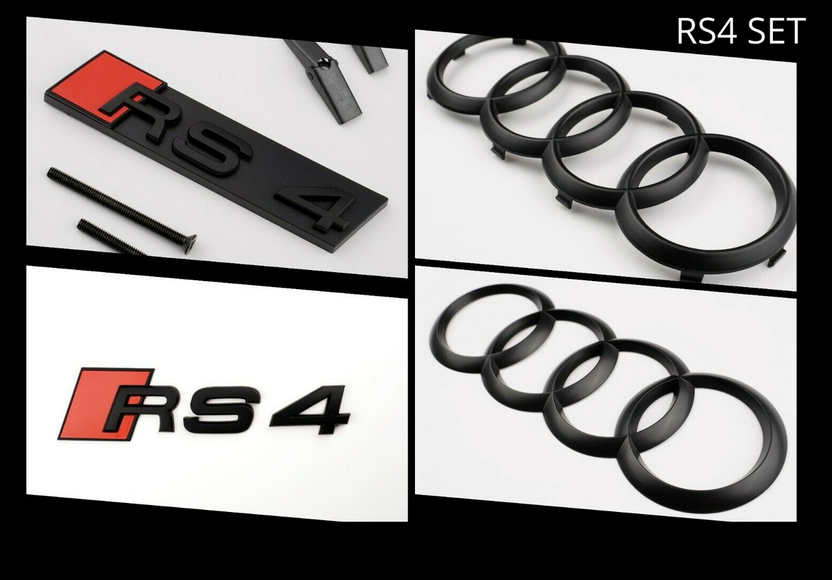 4pcs Audi RS4 Matte Black Badges Logo Hood Rear Grille Emblems Stickers Rings