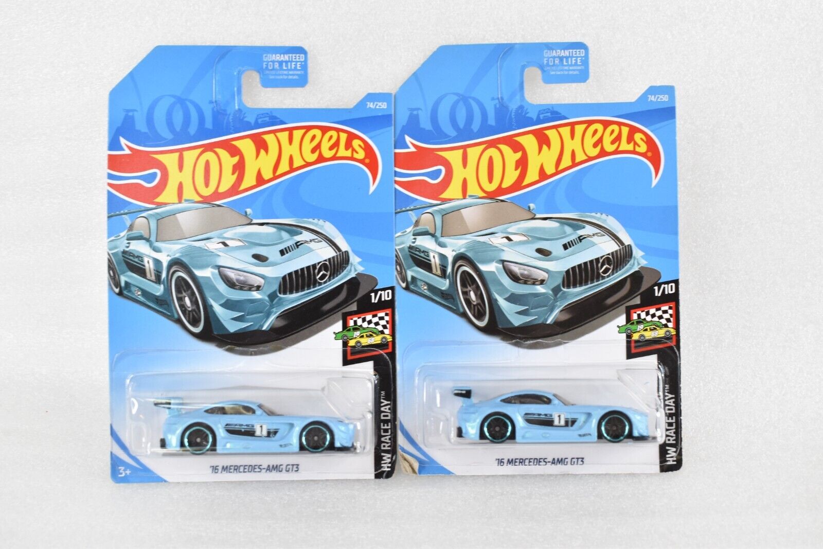 2X  2019 Hot Wheels Race Day '16 MERCEDES-AMG GT3 Blue 1/10 Light Blue rim PR5's