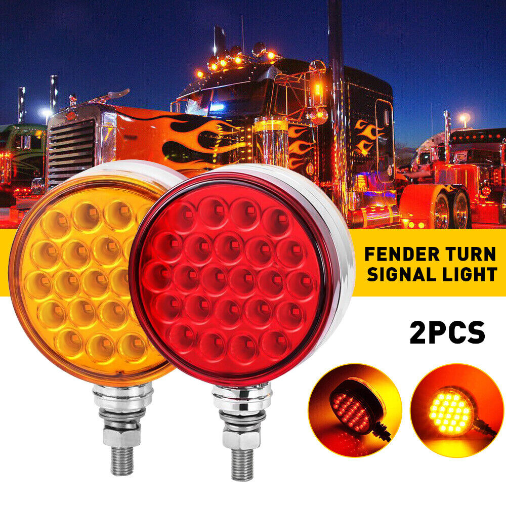 48 LED Round Dual Face Red/Amber Truck Fender Pedestal Marker Light Turn Signal