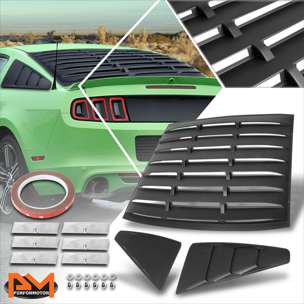 For 05-14 Ford Mustang Coupe Lift-Off Rear+Quarter Side Window Louvers w/3M Tape