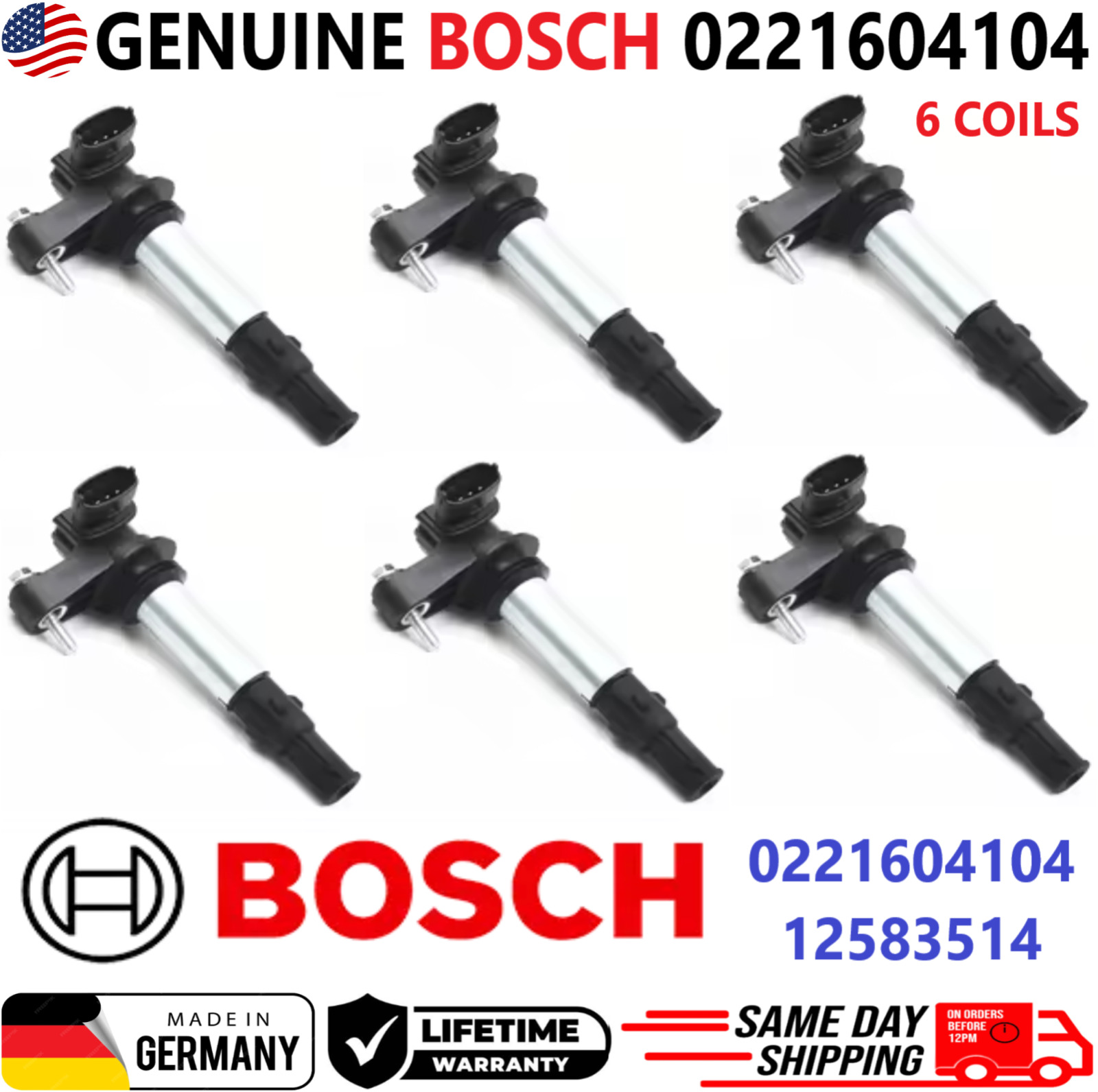 GENUINE BOSCH x6 Ignition Coils For 2004-2009 Cadillac Saab Buick V6, 0221604104