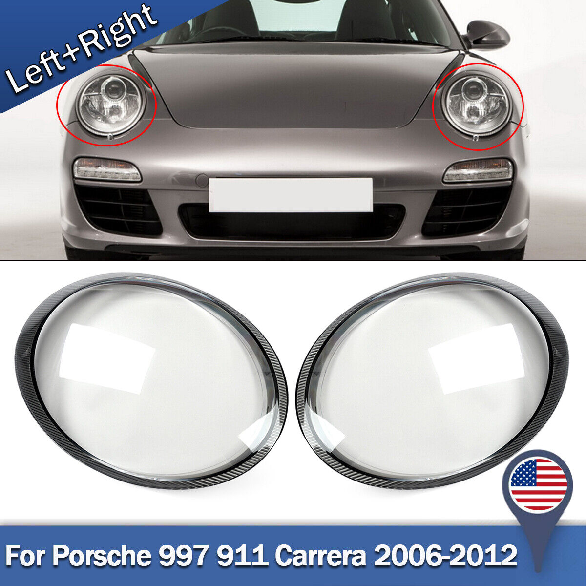 A Set Front Lampshade Headlight Lens Cover Fit for Porsche 997 911 Carrera 06-12