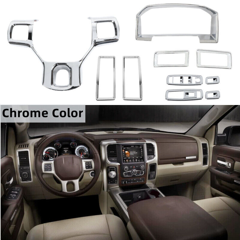 10PCS Chrome Interior Set Dash Decor Cover Trim Kit For Dodge Ram 1500 2010-2017