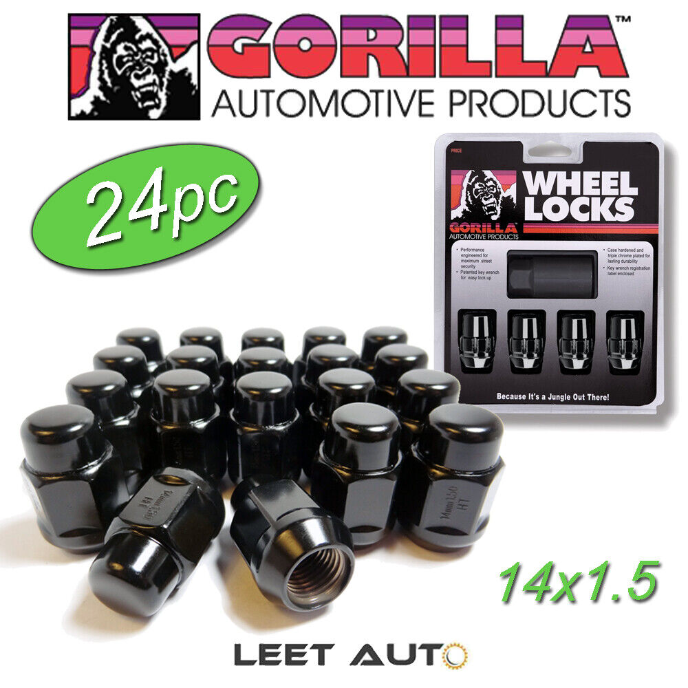 (24pc.) Gorilla Lug Nuts + Wheel Locks combo, 14x1.5, Bulge Acorn, Black Chrome