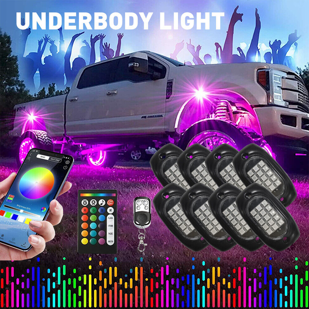 8pcs RGB LED Rock Lights Offroad Truck Underbody Glow Neon Lamp Remote Control