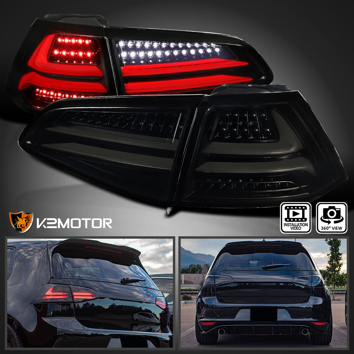 Black/Smoke Fits 2015-2017 Volkswagen Golf GTI LED Tube Tail Lights Brake Lamps