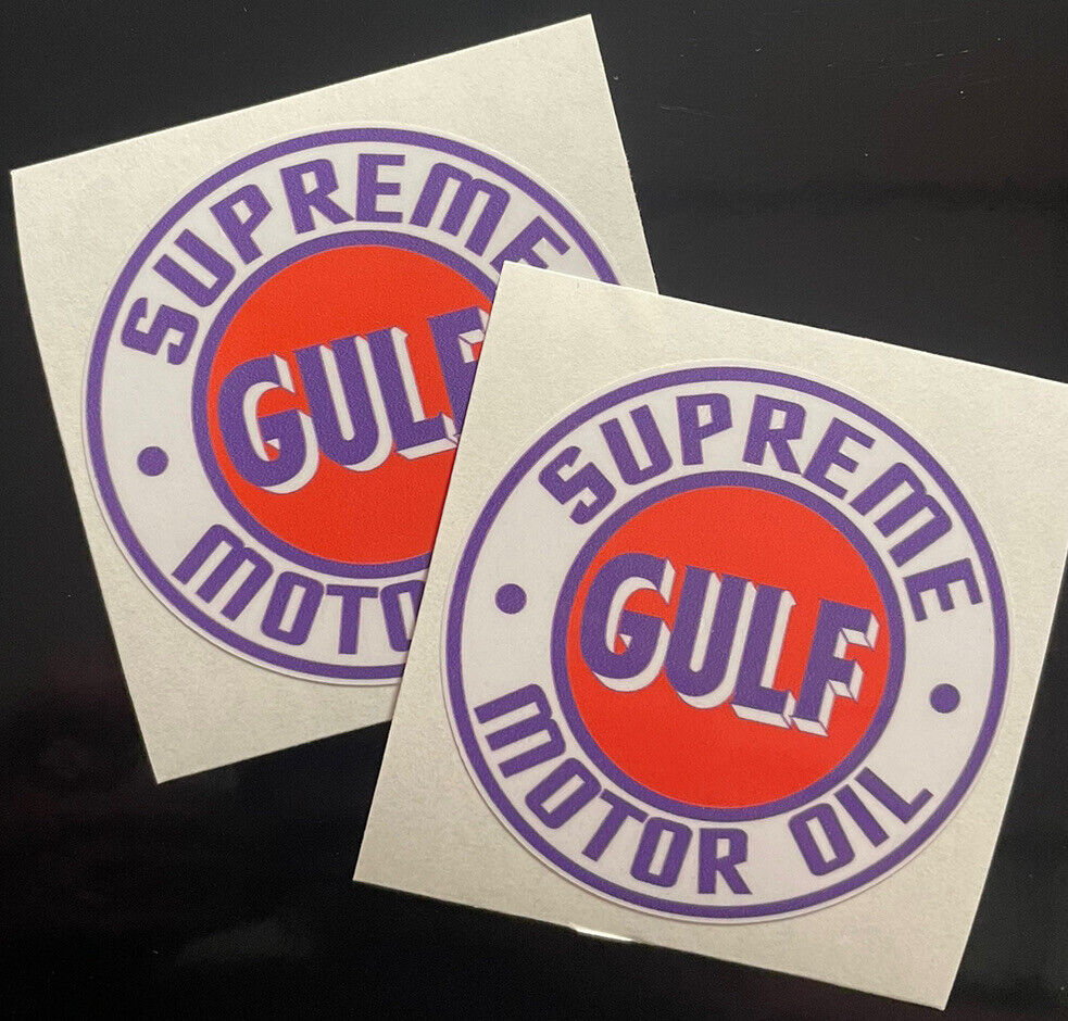 Pair Gulf Supreme Motor Oil vinyl cut sticker decal 2.75”  Gas petroliana Hotrod