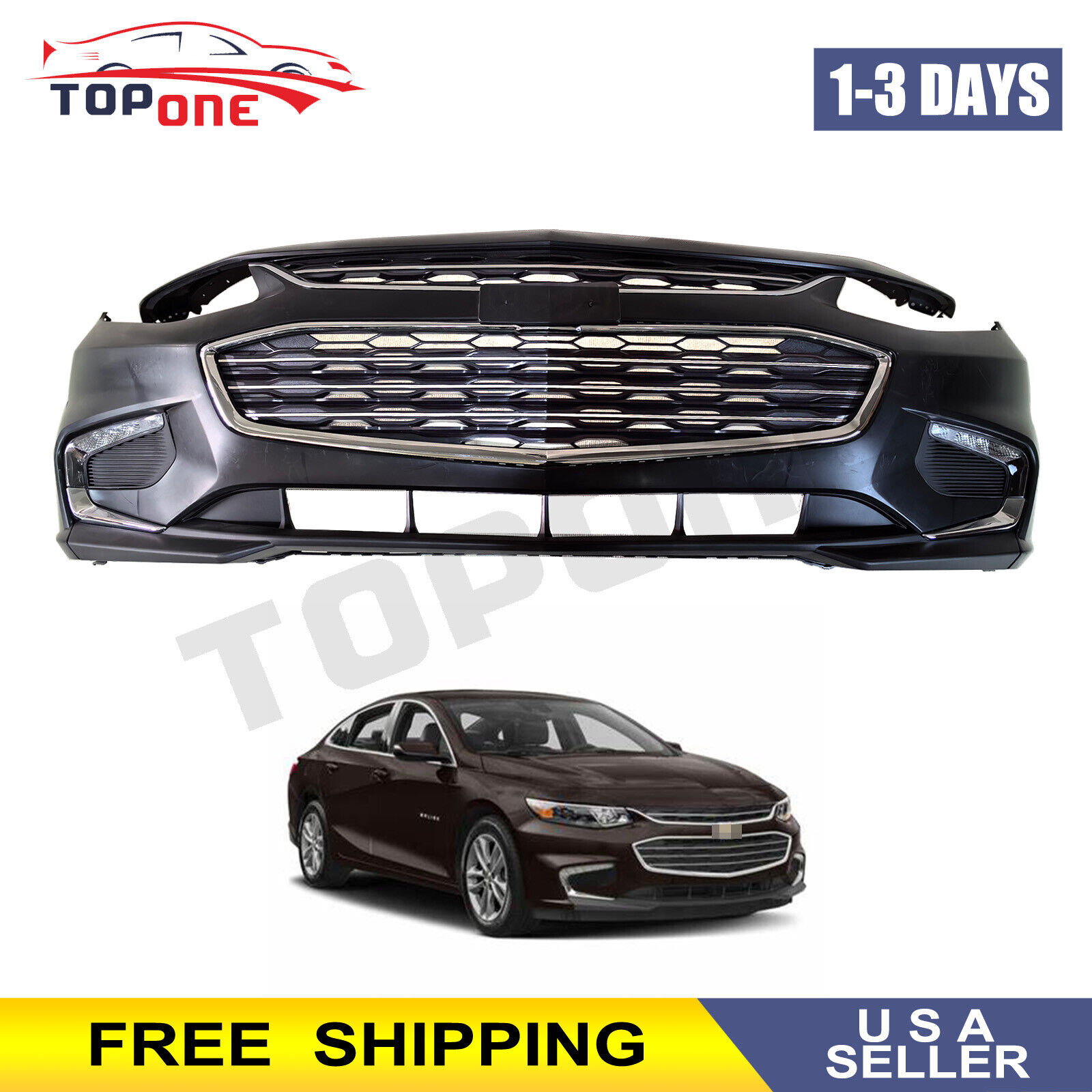 Complete Front Bumper Cover Grille W/ Fog Light Trim For 2016-2018 Chevy Malibu