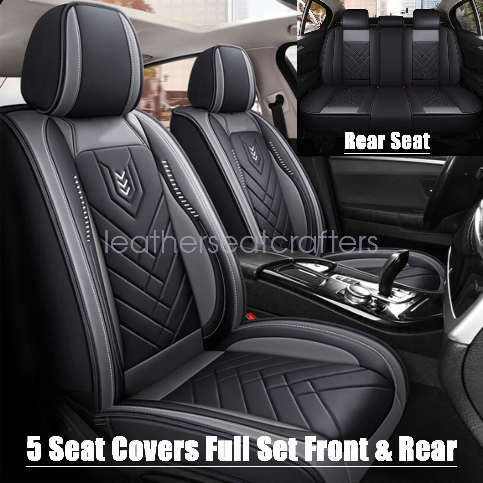 Car 5-Seat Covers Faux Leather Full Set Protector Cushion For Nissan Black &Gray