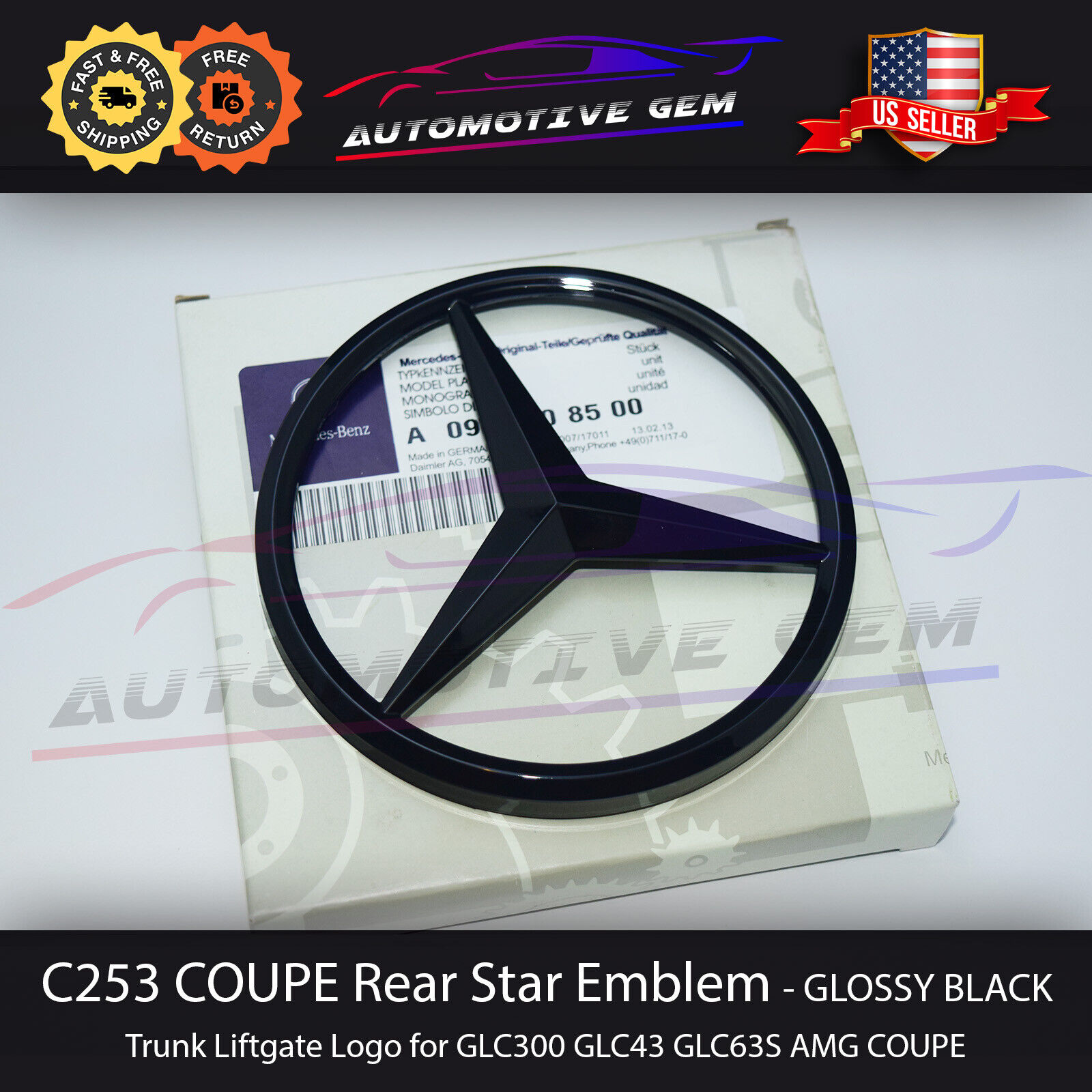C253 COUPE Mercedes GLOSS BLACK Star Emblem Rear Trunk Lid Logo Badge AMG GLC300