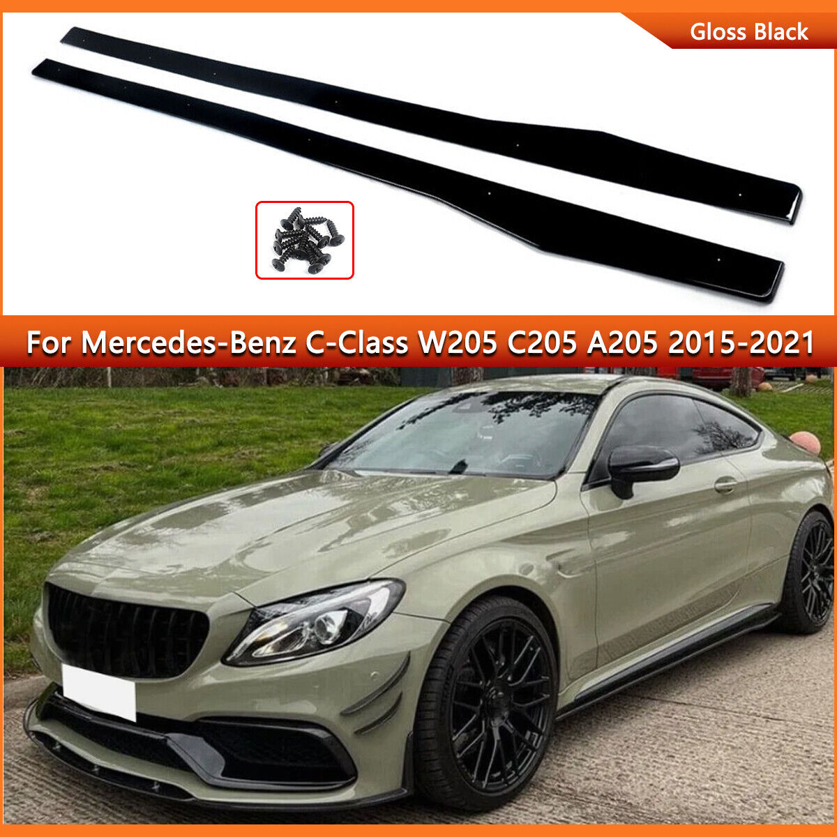 For 2015-21 Mercedes W205 C205 C43 C63 AMG Gloss Black Side Skirts Extension Lip