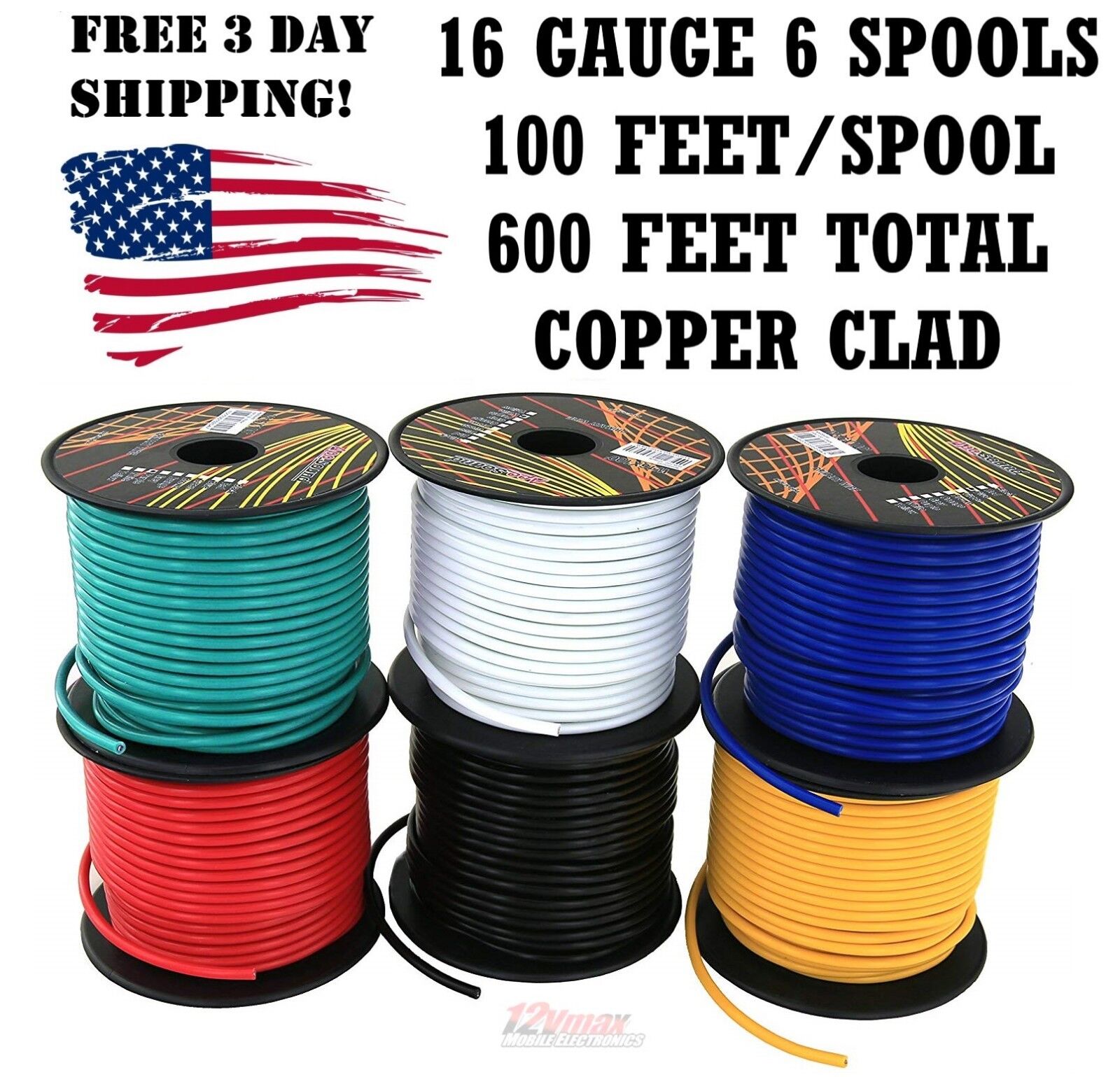 16 GA GAUGE 100 FT SPOOLS COPPER CLAD REMOTE POWER GROUND WIRE PRIMARY 6 Pack 