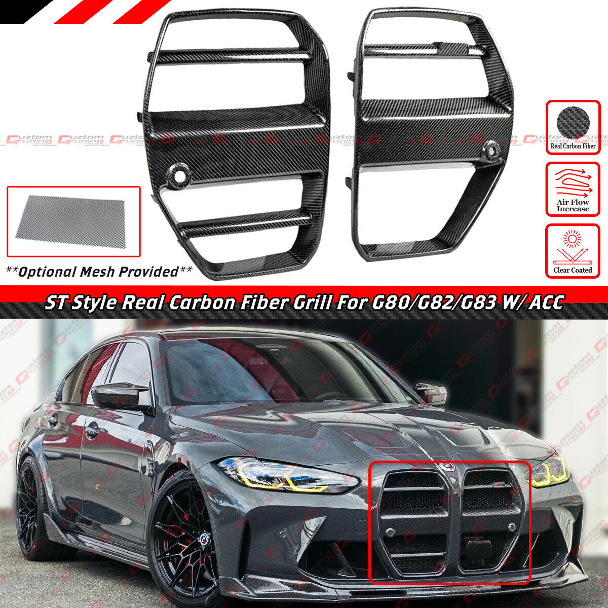 FOR 2021-2024 BMW M3 G80 M4 G82 G83 ACC ST STYLE REAL CARBON FIBER GRILL W/ MESH