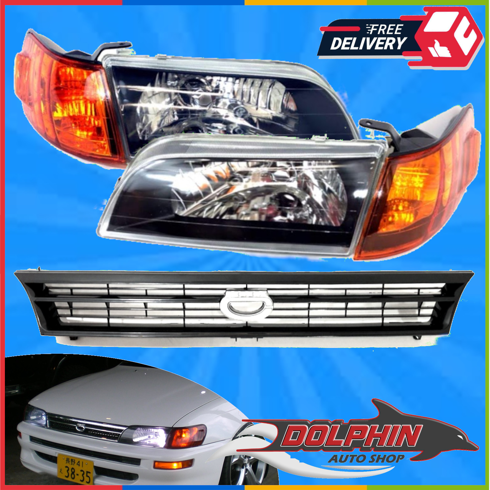 For 93 97 Toyota Corolla JDM Headlights Black With Corners And Corsa Grill Combo