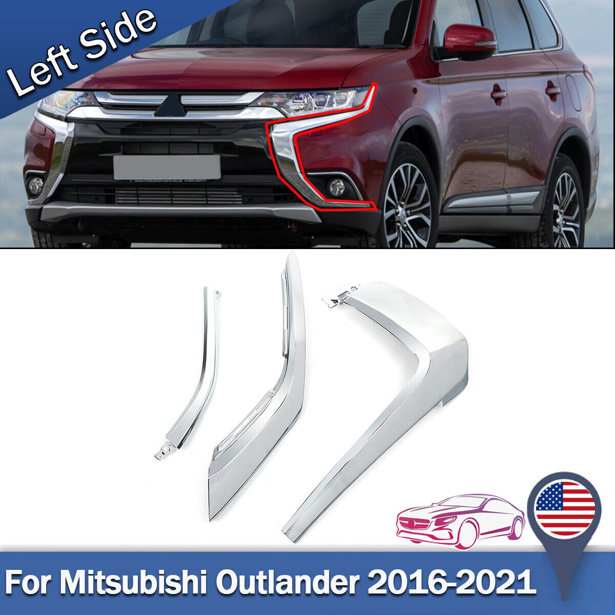 For Mitsubishi Outlander 2016-2021 3Pcs Left Front Bumper Chrome Molding Trims