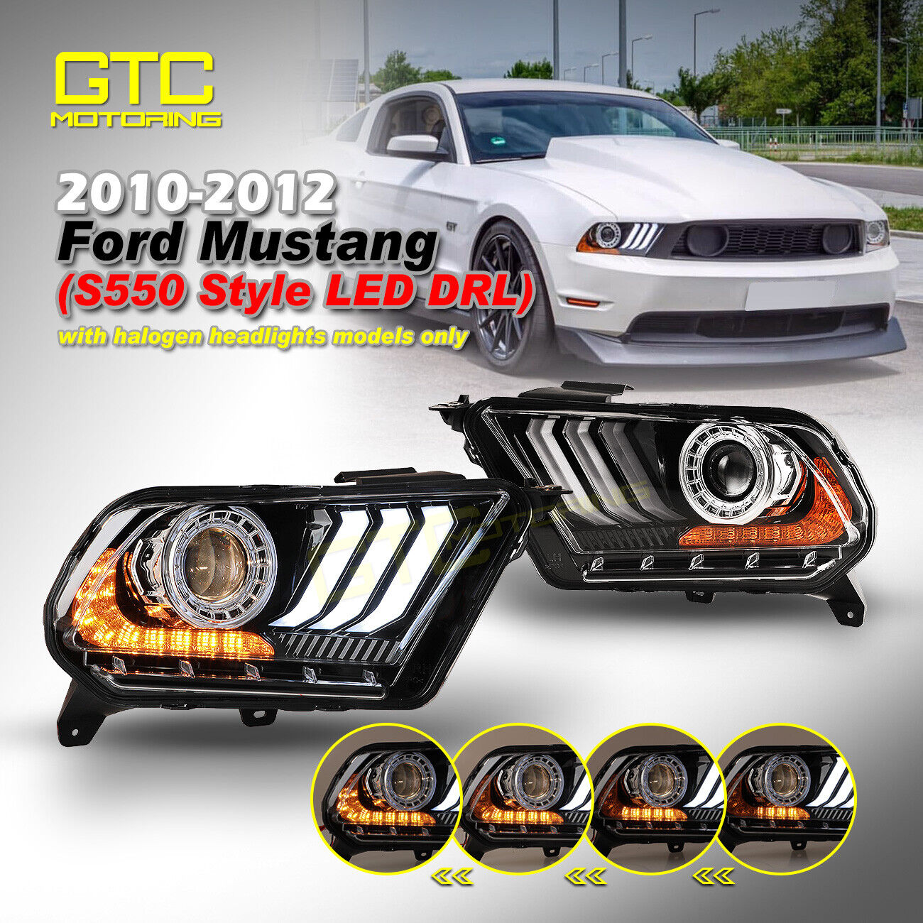 Headlights for 10-12 Ford Mustang S197 Sequential Turn Signal S550 LED DRL