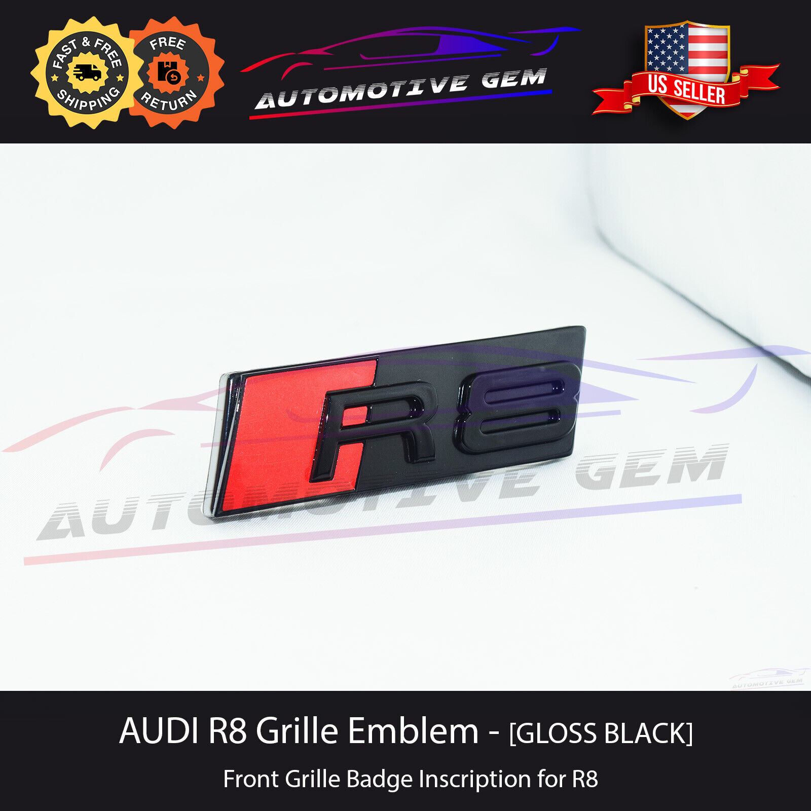 Audi R8 Front Grille Badge GLOSS BLACK Emblem S line Inscription Coupe Spyder