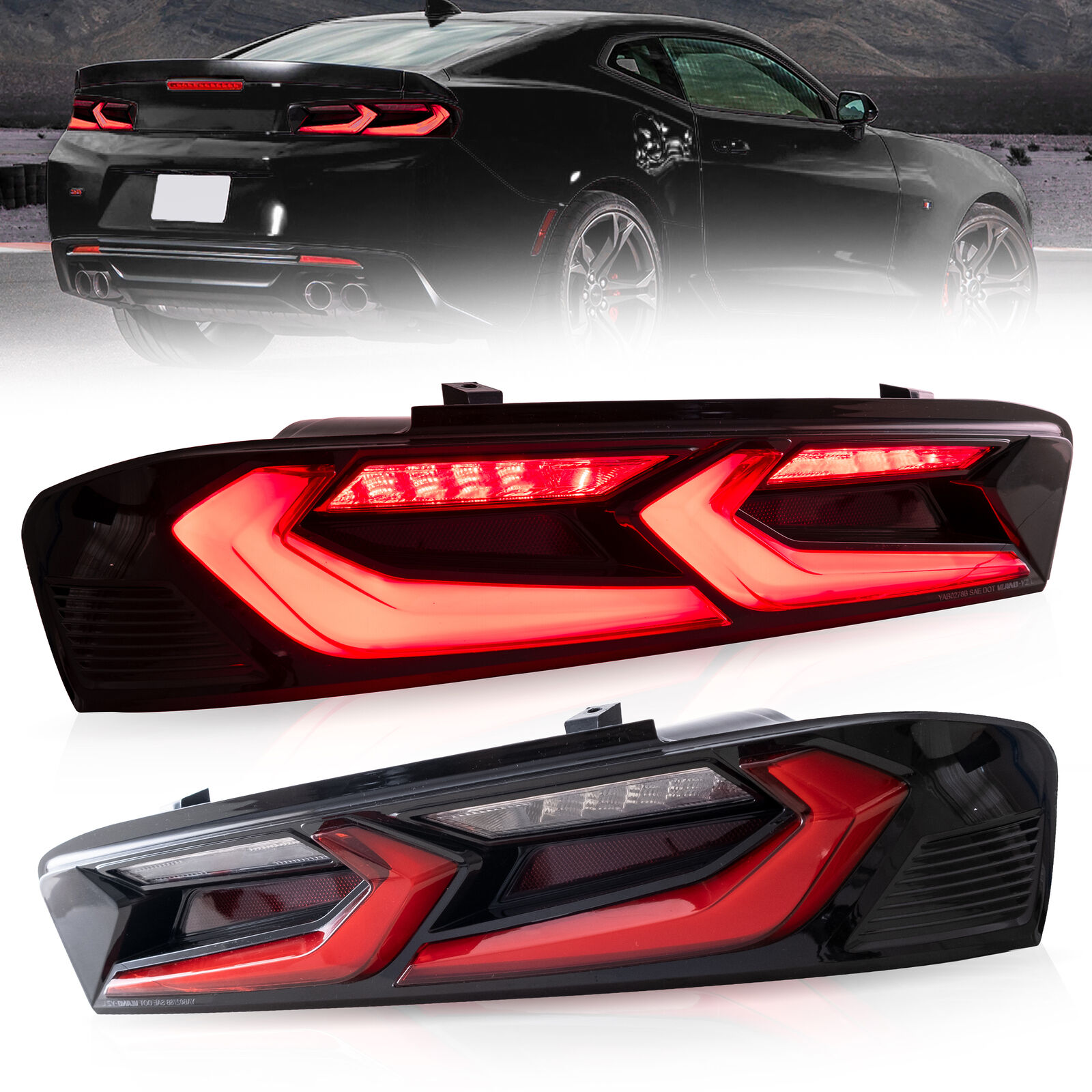 VLAND 2016-2018 Chevy Camaro LED TAIL LIGHTS Gloss Red/Smoke Rear Brake Lamps