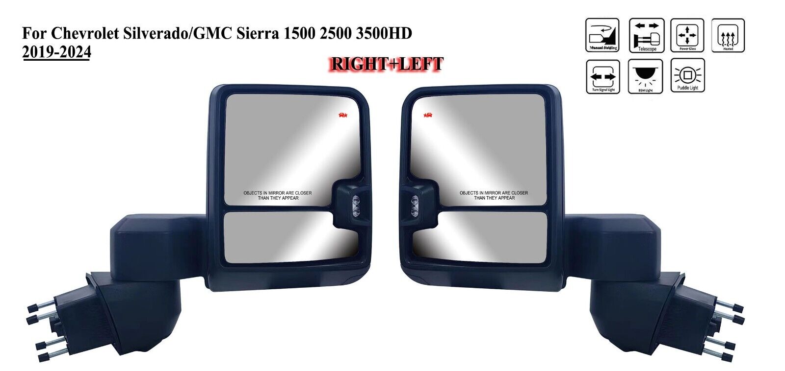 Pair Right+Left Side Black Tow Mirror for 19 to 24 Chevy Silverado GMC Sierra HD