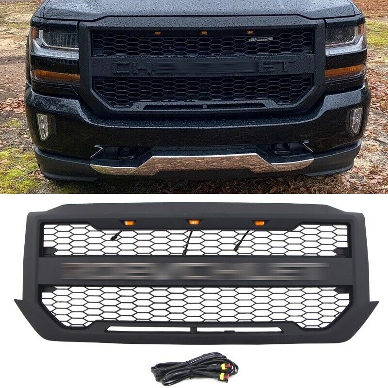 Black Front Grille Fits For 2016 2017 2018 Chevy Chevrolet Silverado 1500W/Light