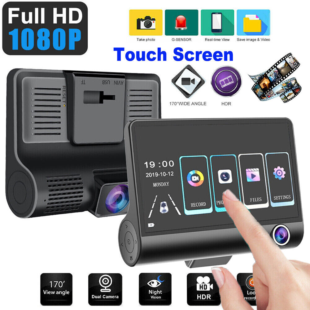 Touch Screen Dash Cam 4 in 1080P 3 Lens Car DVR Recorder Front and Rear Camera