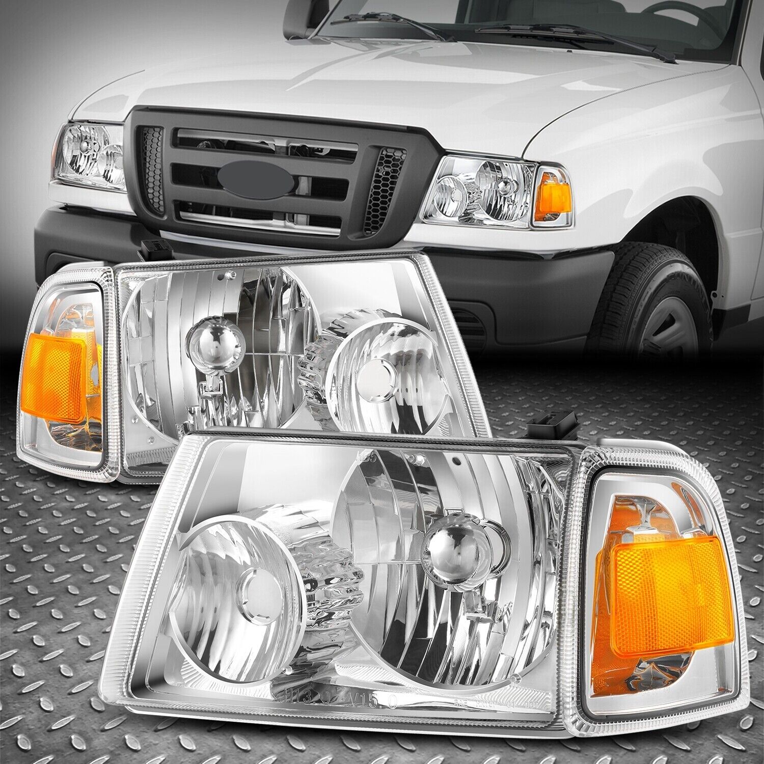 For 06-11 Ford Ranger OE Style Chrome Housing Amber Corner Headlight Lamps Pair