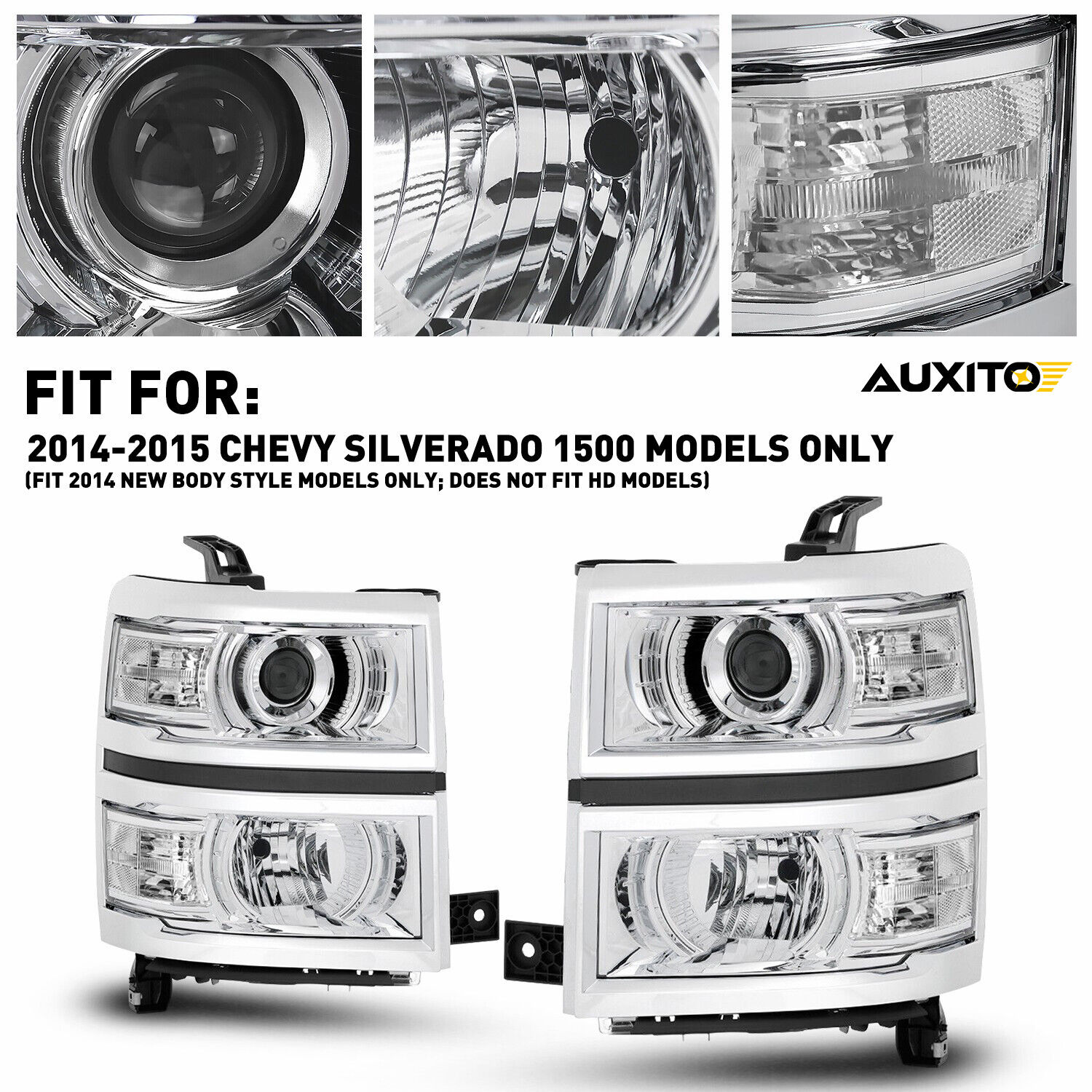 For 2014 2015 Chevy Silverado 1500 Left Right Chrome Headlights W/ Projector EOA